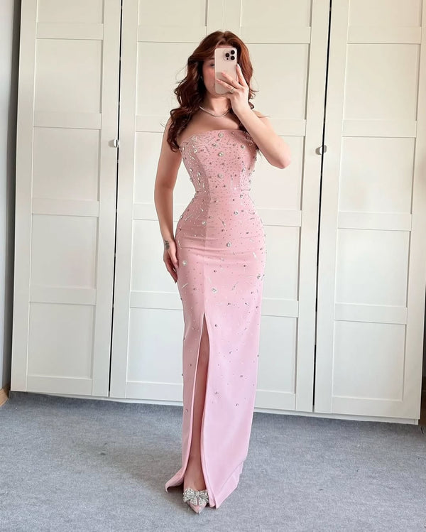 Pink Diemonds Mermaid High Slit Evening Dress