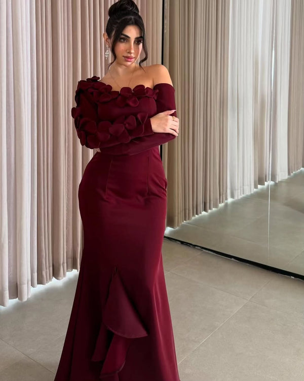 Luxury Wine Red Long Sleeve Slim Fit Evening Dress