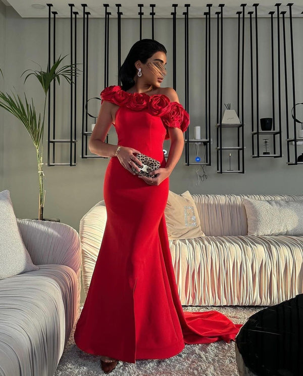 Luxury Red  Off the Shoulder 3D Flower Evening Dresses