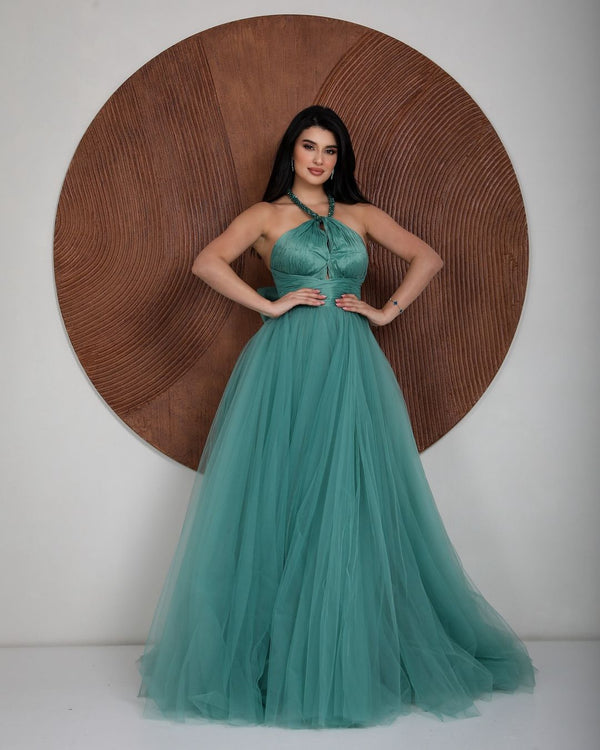 Elegant Halter Tulle with Bow Long Prom Dress