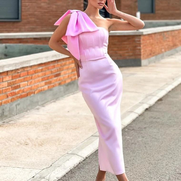 Sweet Pink Large Bow Mermaid Evening Dress