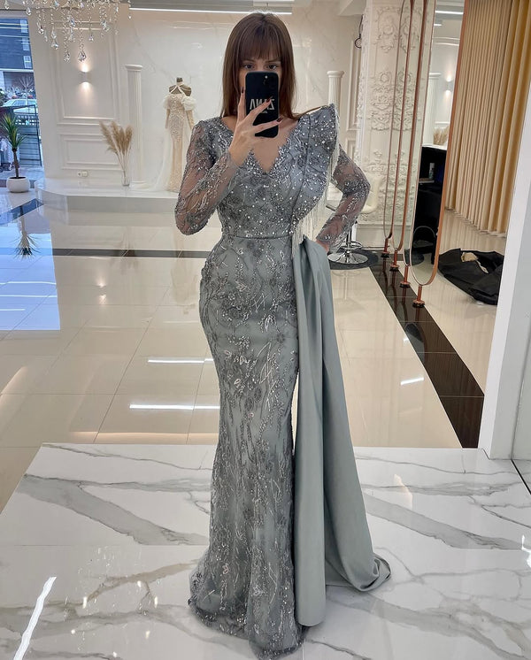 Luxury V-Neck Beaded Long Sleeve Evening Dresses