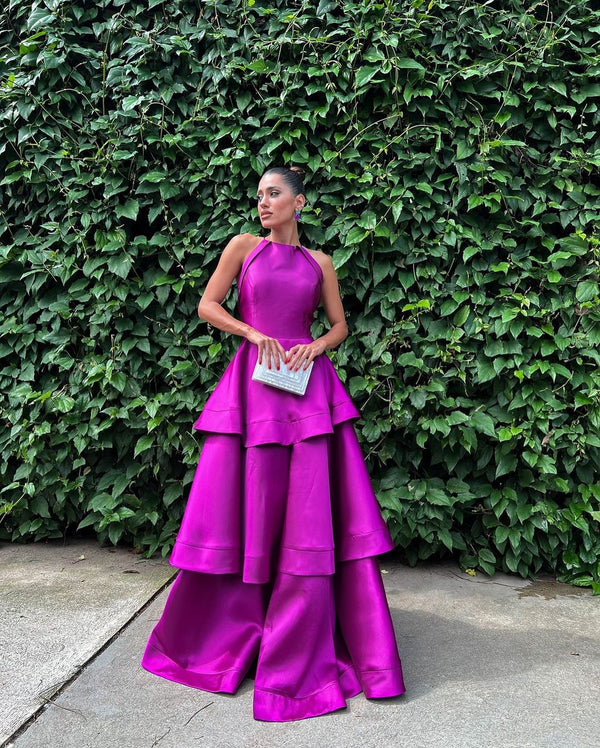 Purple Halter Neck Satin Tiered Evening Gowns