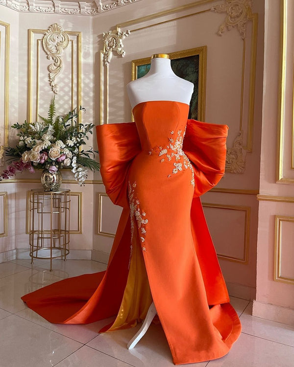 Orange Evening Strapless Side High Slit Bow Dresses