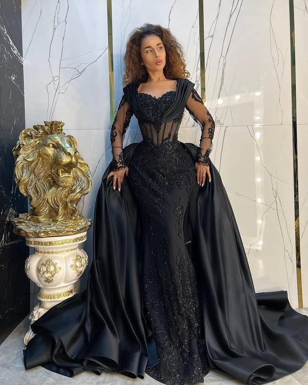 Luxury Satin Pleat Detachable Train Mermaid Prom Dress