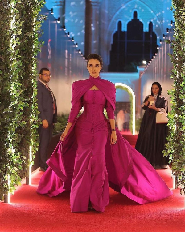 Fuchsia Mermaid Evening Dress with Overskirt Corset