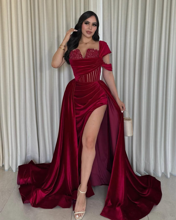 Red High Slit Cap Sleeve Sexy Party Dress