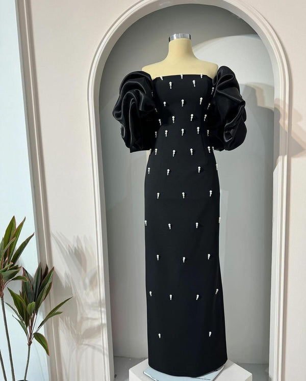 Elegant Strapless Ruffles Sleeves Sheath Evening Gowns