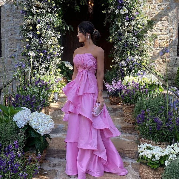 Sweet Pink Strapless Tiered Elegant Long Party Dresses