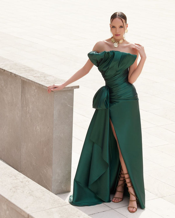 Elegant Off Shoulder Satin Mermaid Ruched Long Party Dresses