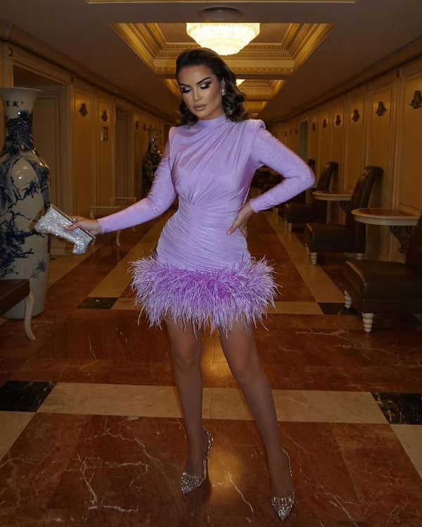Light Purple Feather High Neck Short Evening Dresses