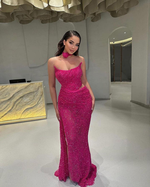 Shiny Boat Neck Fuchsia Mermaid Evening Dresses