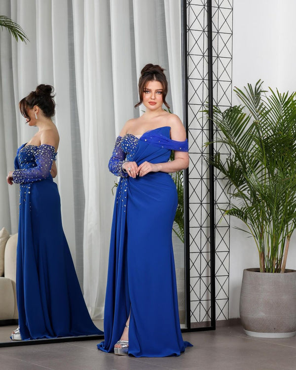 Royal Blue Side Slit  Strapless Prom Dresses