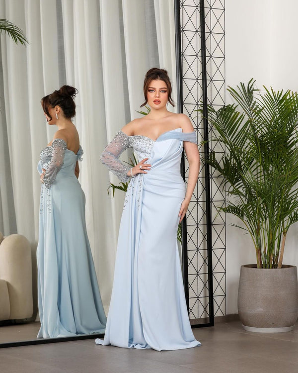 Light Blue One Shoulder  Beaded Mermaid Prom Dresses