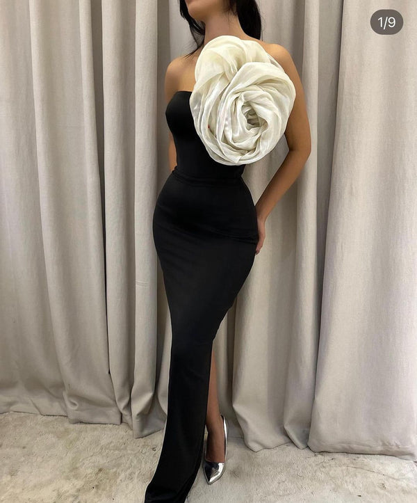 Black Strapless White Flower Mermaid Evening Dresses