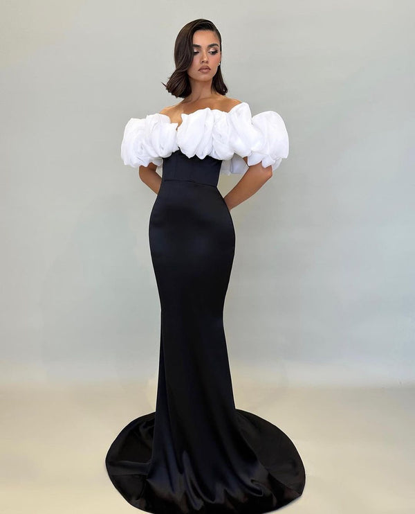 Simple Strapless 3d Flower Mermaid Black Evening Dresses