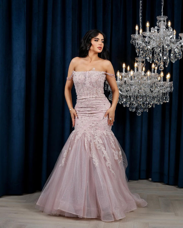 Pink Shiny Tulle Beading Off The Shoulder Trumpet Prom Dress
