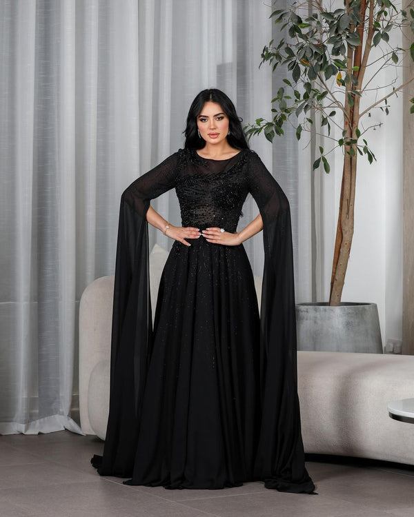 Elegant O Neck Long Sleeves Shiny Chiffon Dress