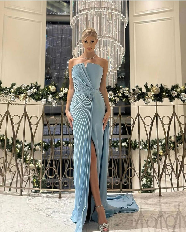 Elegant Sky Blue leats Split Long Evening Dresses