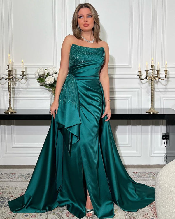 New Boat Neck Splicing Sequin Pleat Evening Gown