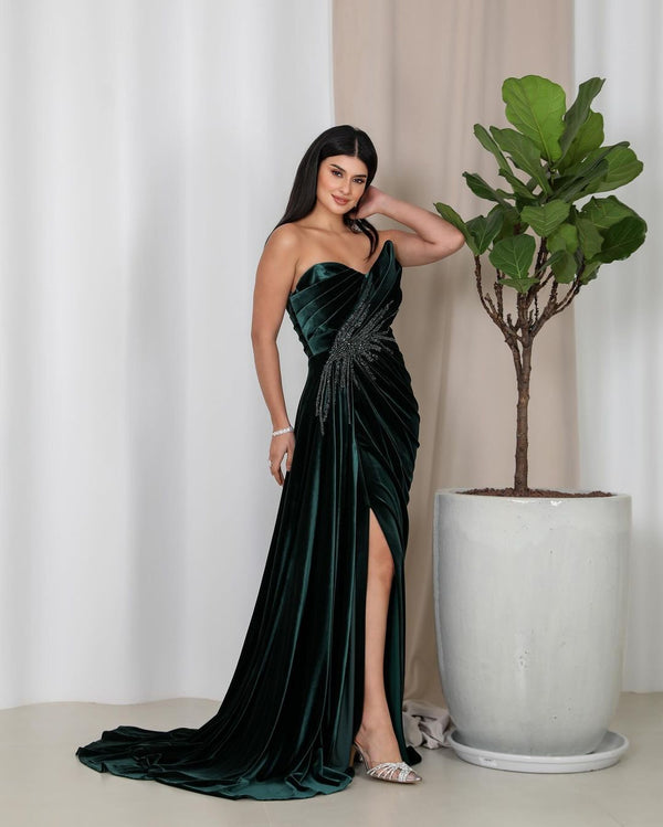 Luxury Pleat Off Shoulder Green Velvet Evening Dress