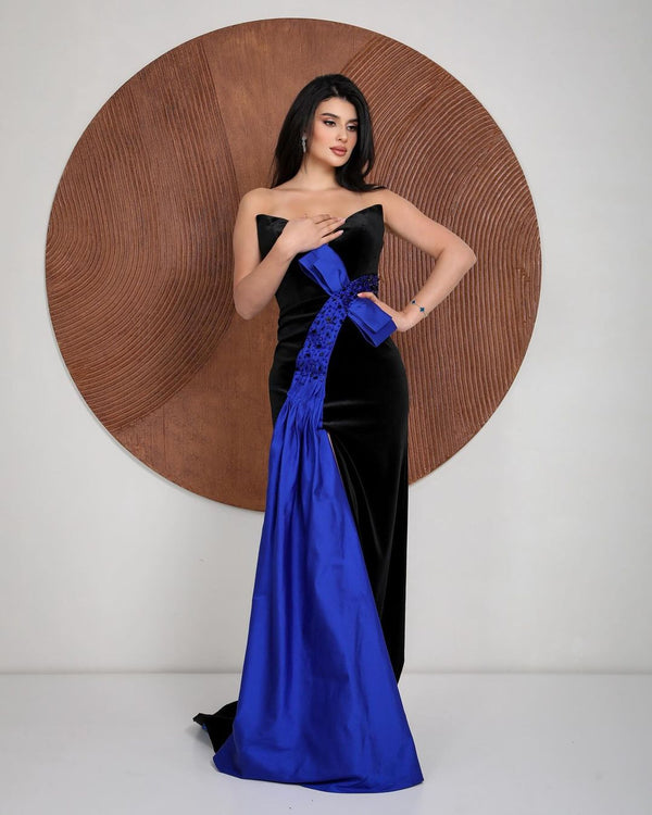 Black Royal Blue Satin Beading Bow Mermaid Prom Dress