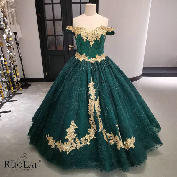 JJ250408-2 Gold Appliques Sequins Tulle Green Quinceanera Dress