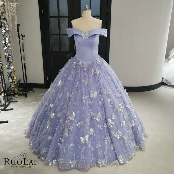 JJ250408-1 Lavender Butterfly Appliques Lace Applique Corset  Quinceanera Dress