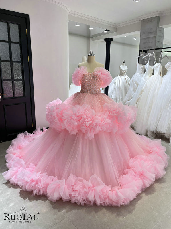 JJ20176 Pink Sweetheart Neck Ruffles Tiered Quinceanera Dress
