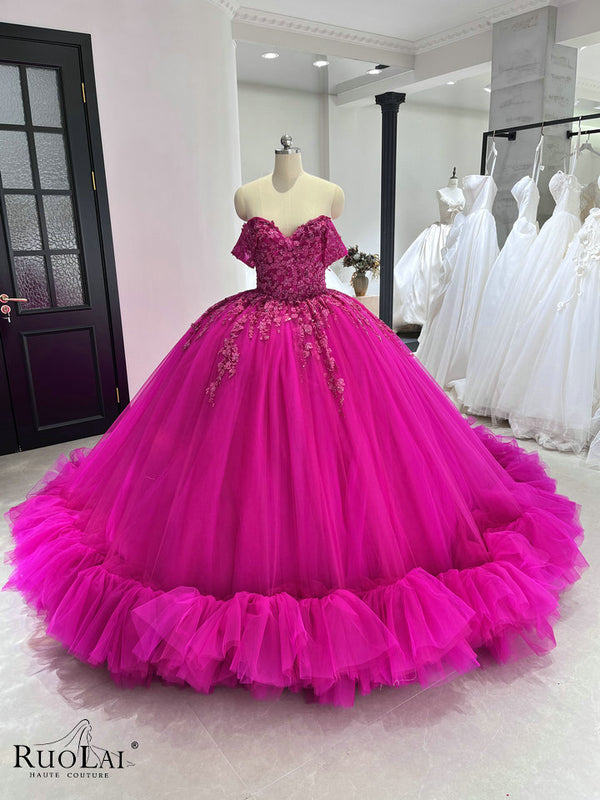 JJ22467 Fuchsia Aplliques Sequins Ruffles Qunceanera Dress