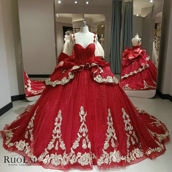 JJ551894-6 Gold Lace Applique Beading Tiered with Bow Red Quinceanera Dress