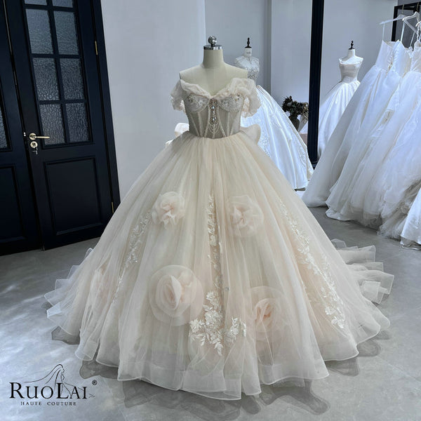 JJ250702-3 Beige 3D Floral Applique Beaded Tulle Quinceanera Dresses