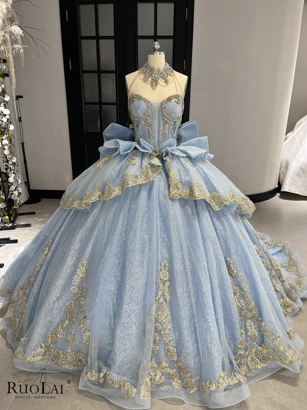 JJ571894 Shiny Sky Blue Applique Lace Beads Quinceanera Dresses