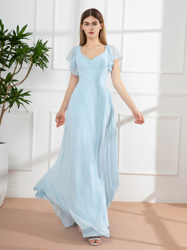Charming Sweetheart Neck Cap Sleeve Front High Slit Chiffon Bridesmaid Dress