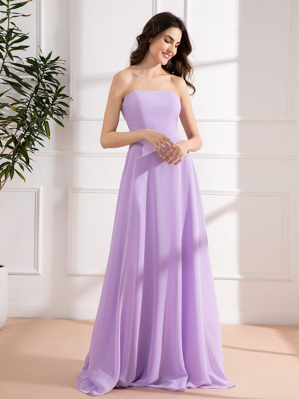 Simple Detachable Spaghetti Strap Back with Bow Chiffon Bridesmaid Dress