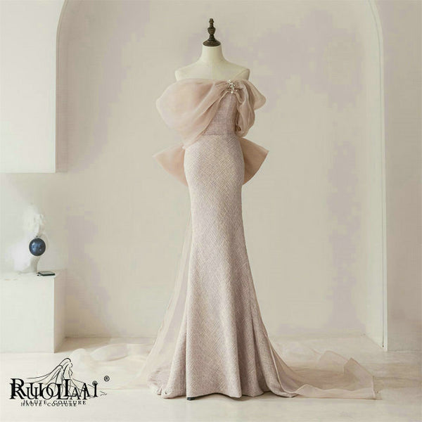 LWC6802  Simple Pink Satin with Organza Bow Mermaid Evening Dress