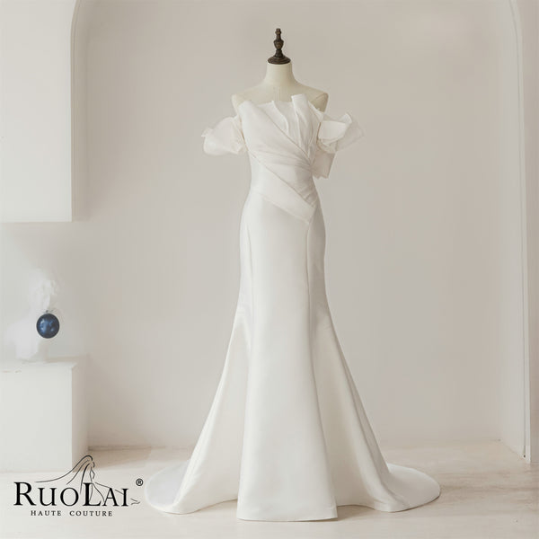 Elegant Short Sleeve Off-the-shoulder Pleats Mermaid Wedding Gowns