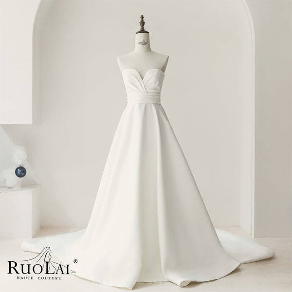 Minimalist Style Off The Shoulder Pleat Satin A Line Wedding Dress