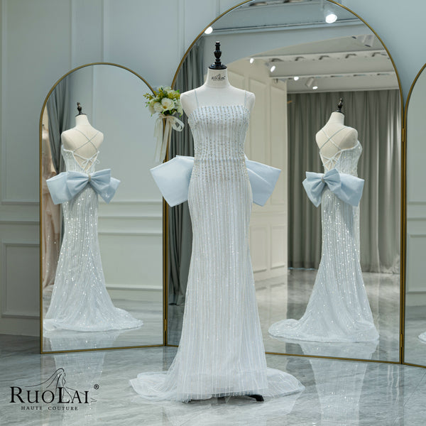 LWC6737 Sexy Spaghetti Strap Beading Sequin Bow Evening Dress