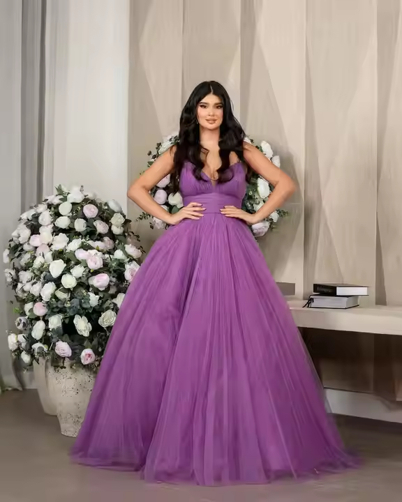 Elegant Purple Deep V Neck Tulle Women Evening Dresses