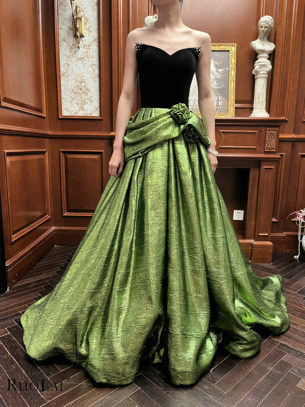 LDC6722 Shiny Green Puffy Strapless Black Velvet Bodice Evening Dresses