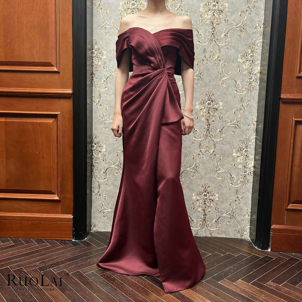 LDR6599 Burgundy Pleat Draped  Mermaid Evening Dress