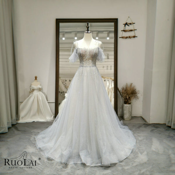 LWC6531 Unique Off-the-shoulder Sash Tulle Beading Party Gowns