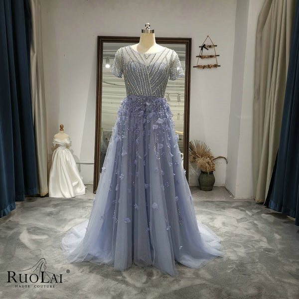 LWC1505 Beaded Sequin 3D Flower Scoop Evening Party Dresses