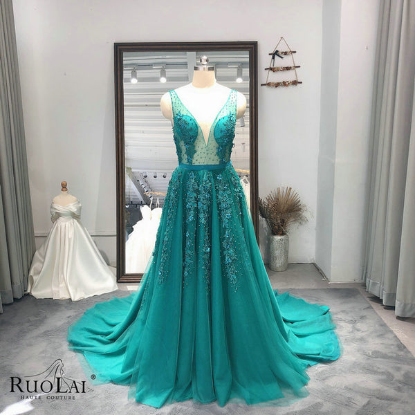 LWC6519 Sexy V Neck Backless Pearls Appliqued Green Evening Dress