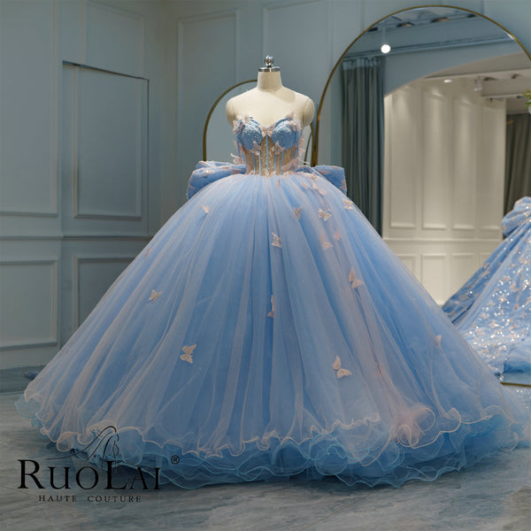 Charming Light Blue Cape Lace Applique Butterfly Quinceanera Dresses