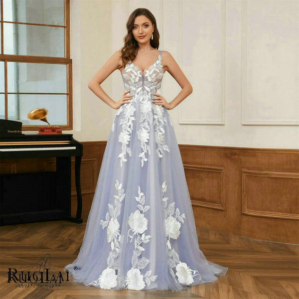 LWC6771 Elegant Spaghetti Strap Appliqued V-neck  Tulle Evening Dress