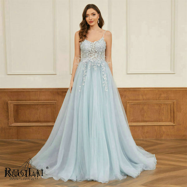 LWC6772 Elegant Spaghetti Strap Sequins with Feather Evening Dresses