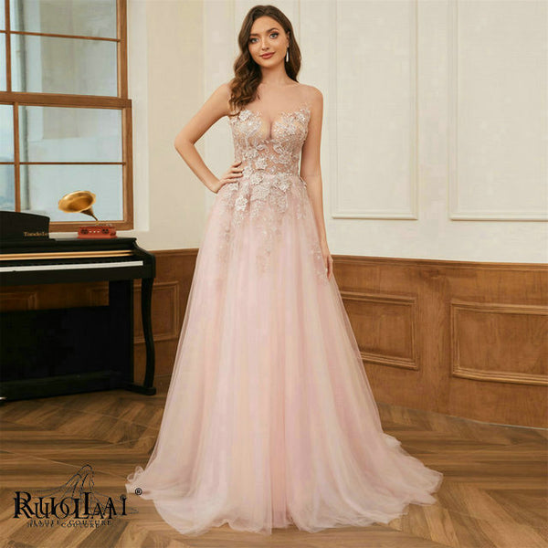 LWC6773 Sexy Illusion Appliqued Pink Tulle Evening Gowns