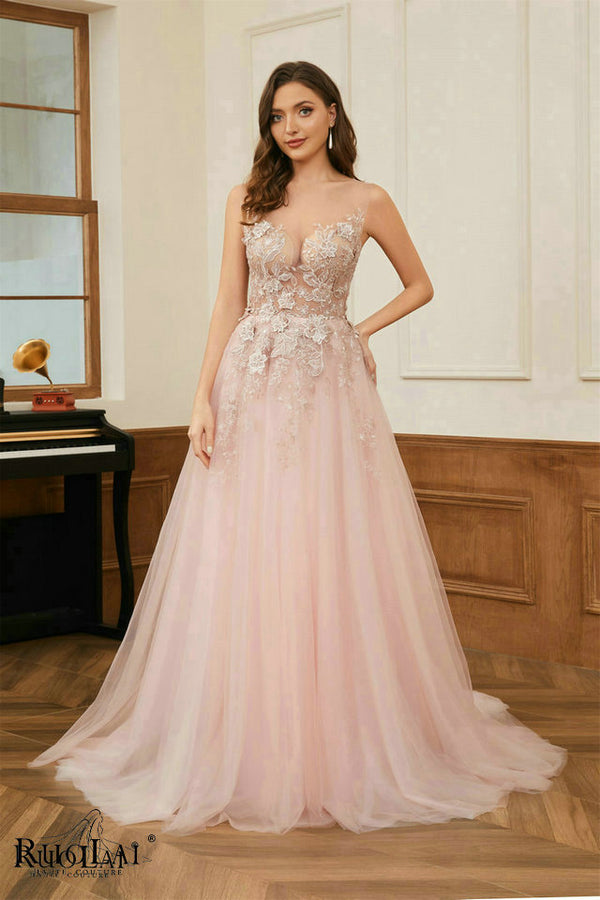 LWC6773 Sexy Illusion O Neck Appliqued Backless Evening Gowns